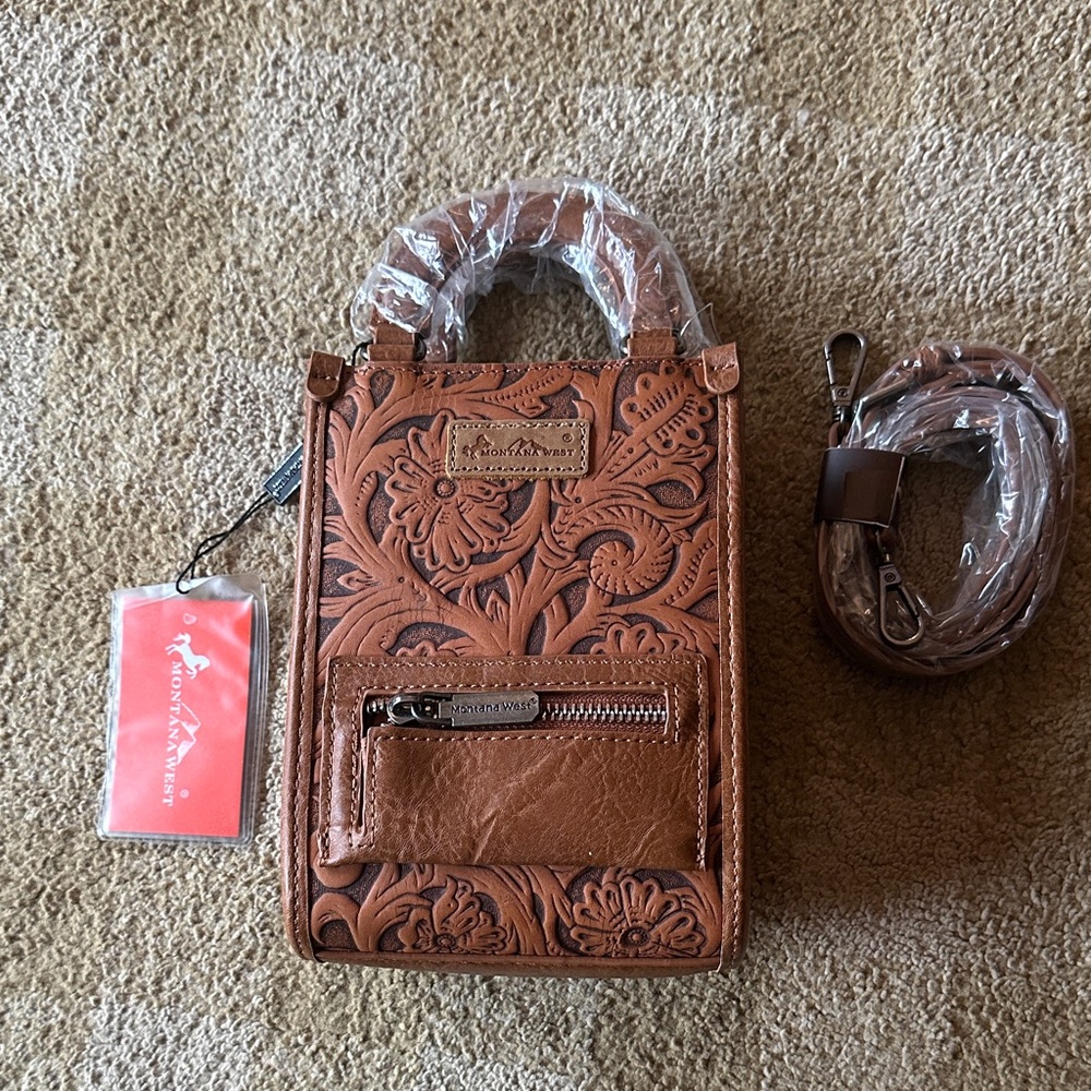 Montana West Tan Floral Tooled Leather Bag